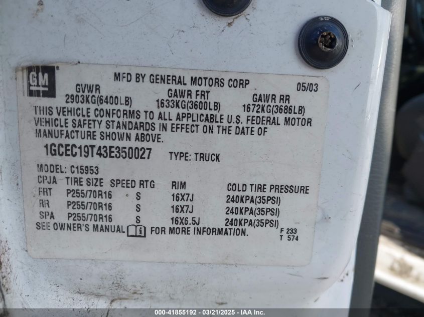 2003 Chevrolet Silverado 1500 Ls VIN: 1GCEC19T43E350027 Lot: 41855192