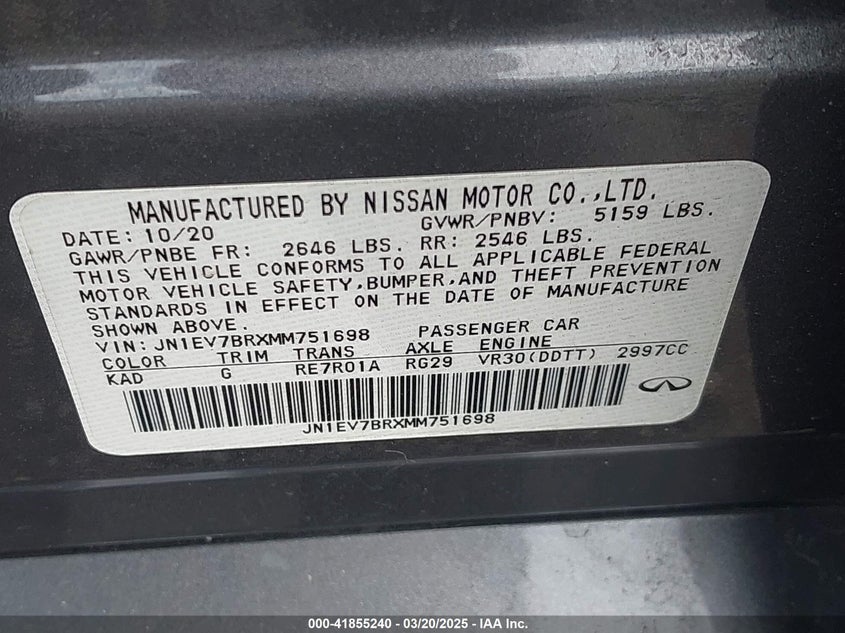 2021 INFINITI Q50 3.0L V-6 DI, DOHC, V(VIN: JN1EV7BRXMM751698