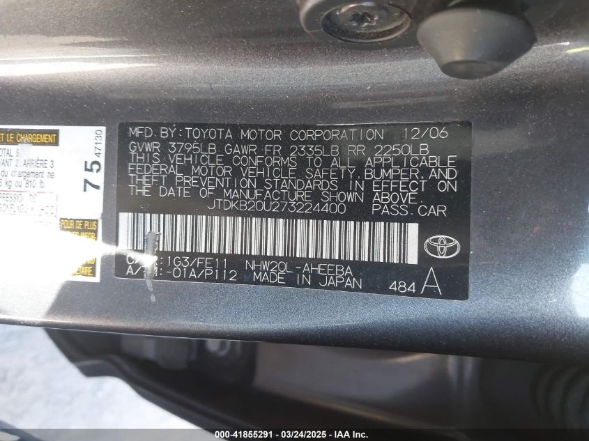 2007 Toyota Prius VIN: JTDKB20U273224400 Lot: 41855291