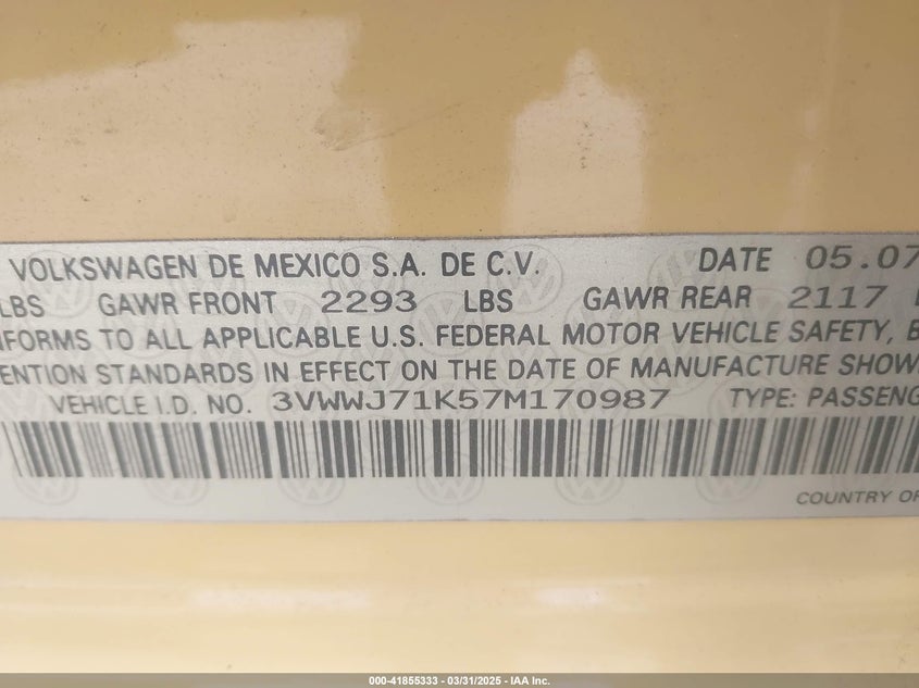 2007 VOLKSWAGEN JETTA VIN: 3VWWJ71K57M170987