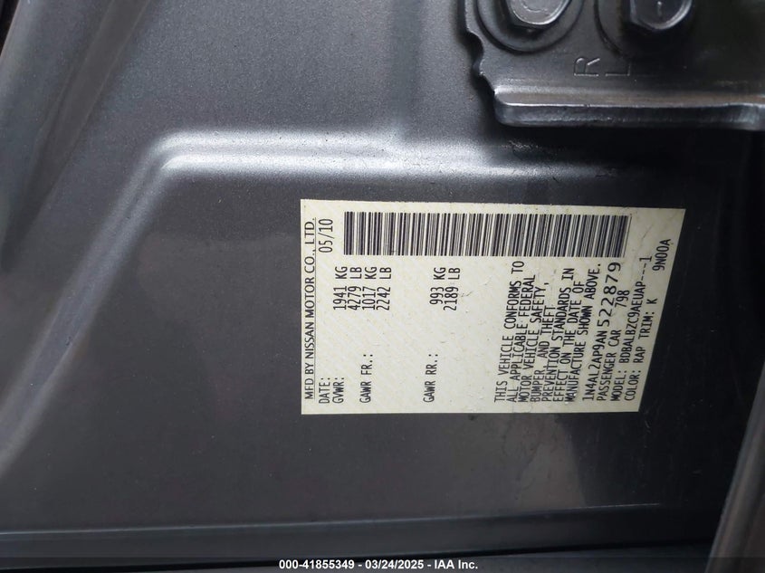 2010 NISSAN ALTIMA VIN: 1N4AL2AP9AN522879