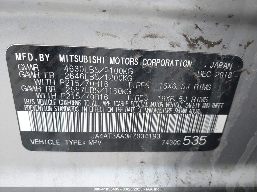 2019 MITSUBISHI ECLIPSE CROSS VIN: JA4AT3AA0KZ034193