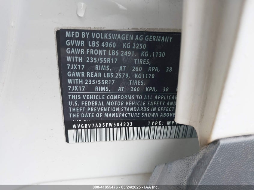 2015 VOLKSWAGEN TIGUAN VIN: WVGBV7AX5FW584833