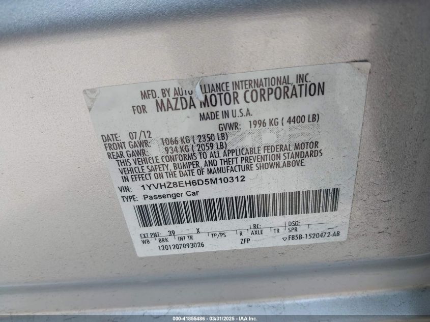 2013 Mazda Mazda6 I Touring Plus VIN: 1YVHZ8EH6D5M10312 Lot: 41855486