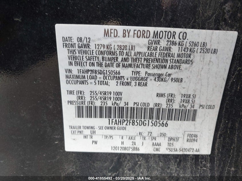 2013 FORD TAURUS VIN: 1FAHP2F85DG150566