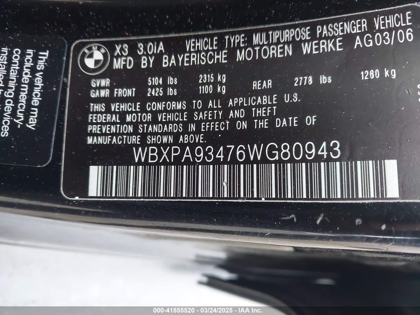 2006 BMW X3 VIN: WBXPA93476WG80943