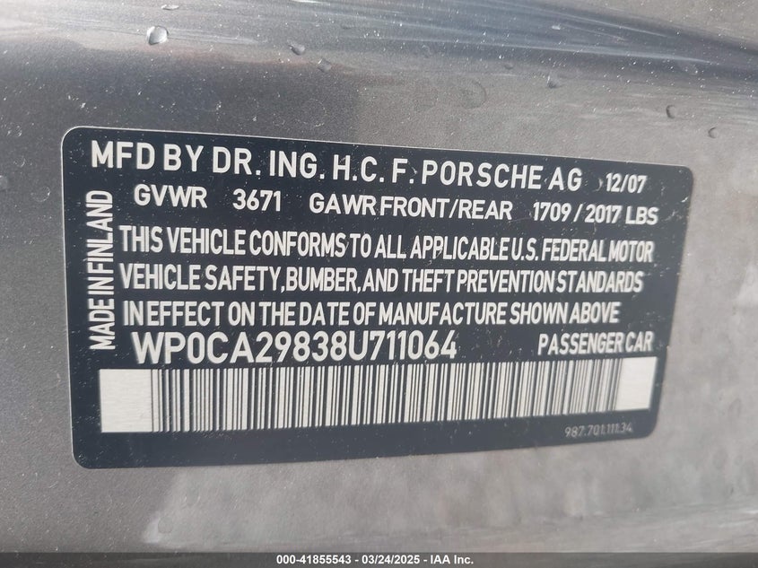 2008 PORSCHE BOXSTER VIN: WP0CA29838U711064