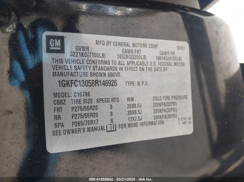 2008 GMC Yukon Slt VIN: 1GKFC13058R146926 Lot: 41855642