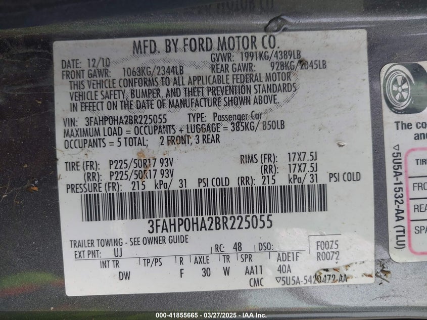 2011 FORD FUSION VIN: 3FAHP0HA2BR225055
