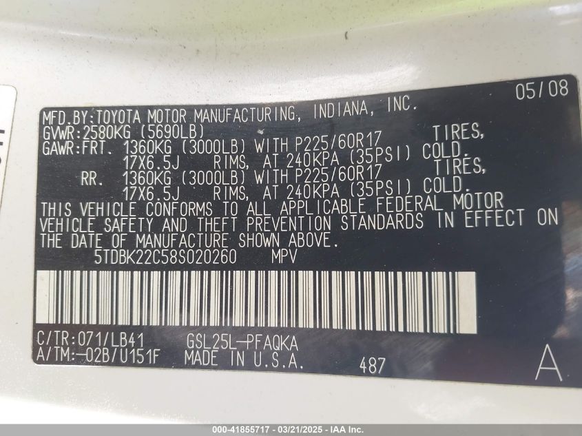 2008 Toyota Sienna Limited VIN: 5TDBK22C58S020260 Lot: 41855717