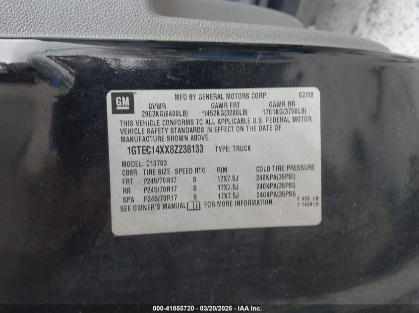 2008 GMC Sierra 1500 Work Truck VIN: 1GTEC14XX8Z238133 Lot: 41855720