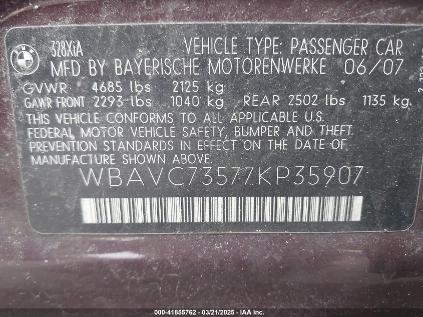 2007 BMW 328Xi VIN: WBAVC73577KP35907 Lot: 41855762