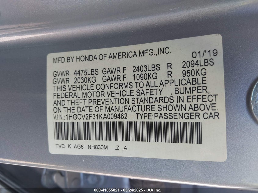 VIN 1HGCV2F31KA009462 2019 HONDA ACCORD SPORT 2.0T