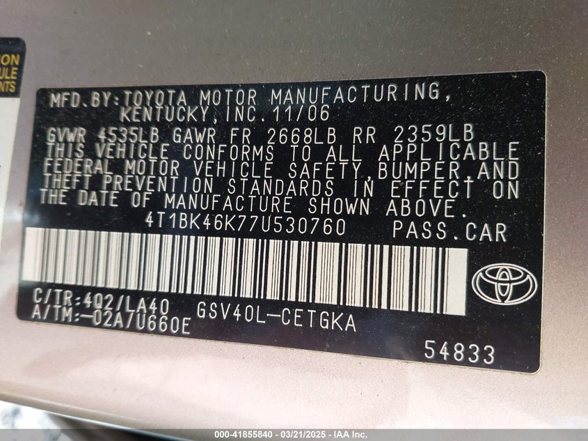 2007 TOYOTA CAMRY VIN: 4T1BK46K77U530760