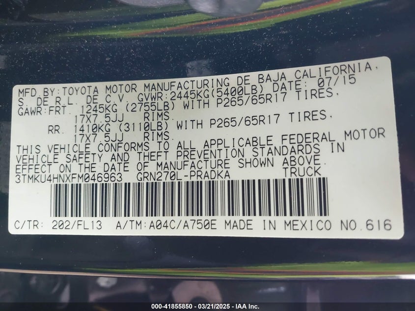 2015 TOYOTA TACOMA VIN: 3TMKU4HNXFM046963