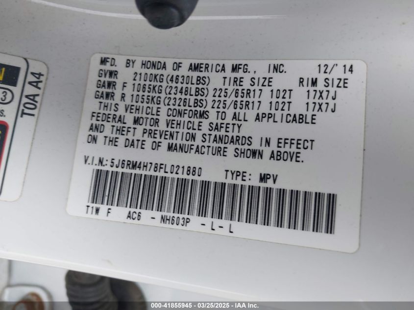 2015 Honda Cr-V Ex-L VIN: 5J6RM4H78FL021880 Lot: 41855945