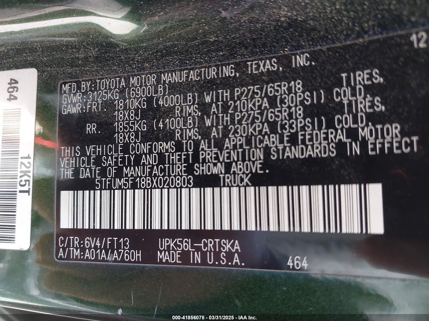 2011 TOYOTA TUNDRA VIN: 5TFUM5F18BX020803