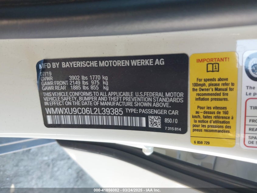 2020 MINI COOPER VIN: WMWXU9C06L2L39385