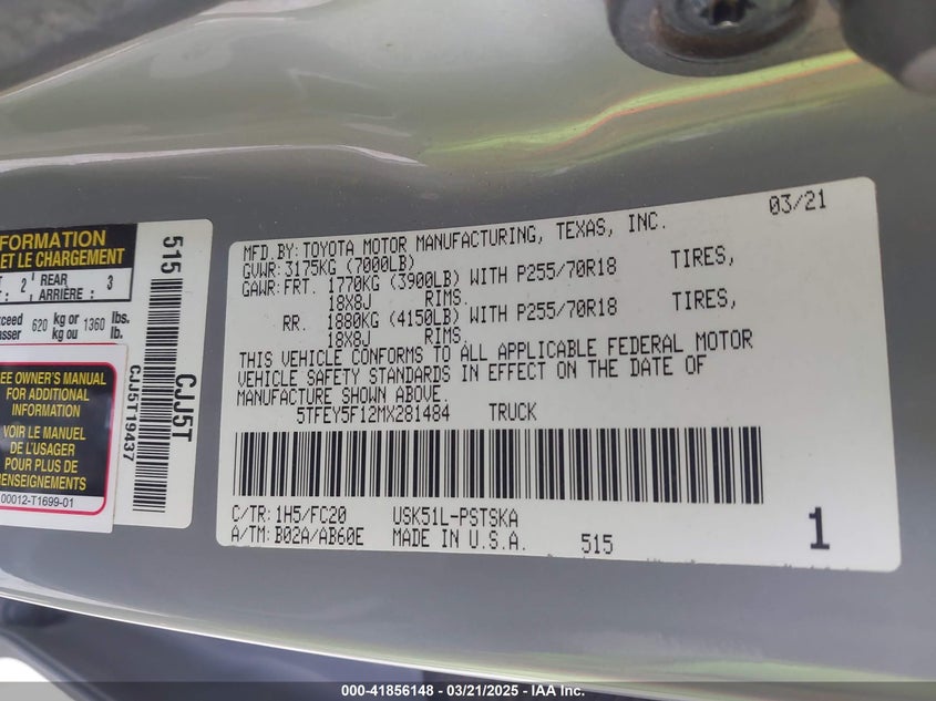 2021 TOYOTA TUNDRA SR5 - 5TFEY5F12MX281484