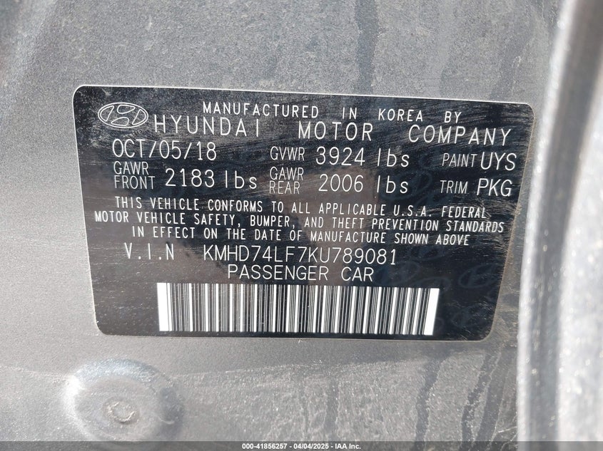 2019 HYUNDAI ELANTRA VIN: KMHD74LF7KU789081