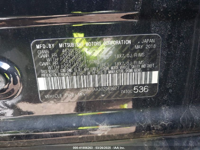 2018 Mitsubishi Eclipse Cross Se/Sel VIN: JA4AT5AA3JZ069627 Lot: 41856263