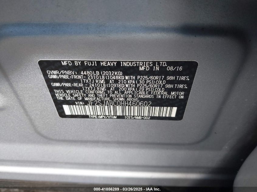 2017 Subaru Forester 2.5I VIN: JF2SJABCOHH460602 Lot: 41856289