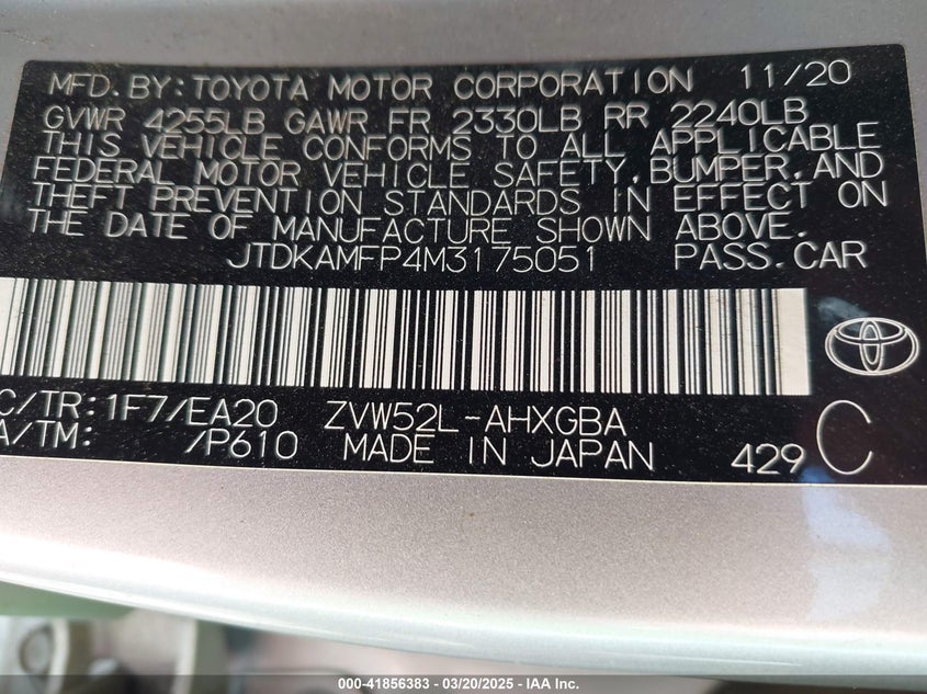 2021 TOYOTA PRIUS PRIME VIN: JTDKAMFP4M3175051