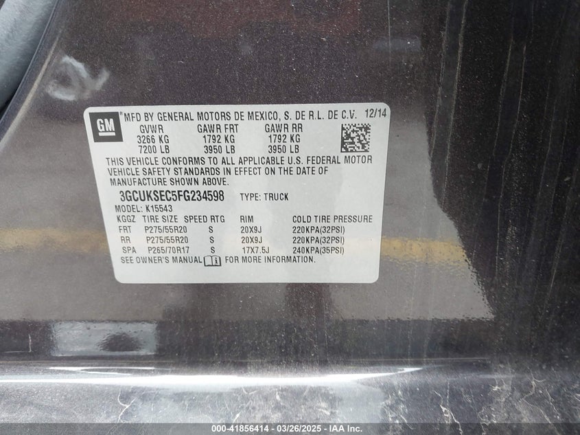 2015 CHEVROLET SILVERADO VIN: 3GCUKSEC5FG234598