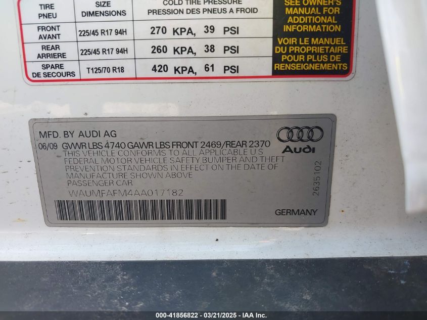 2010 Audi A3 2.0T Premium VIN: WAUMFAFM4AA017182 Lot: 41856822