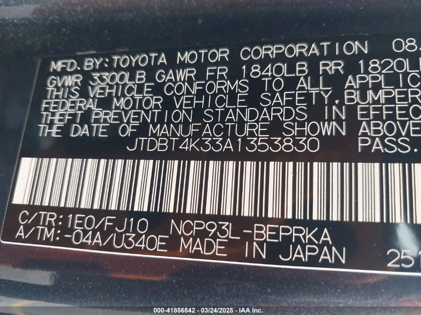 2010 Toyota Yaris VIN: JTDBT4K33A1353830 Lot: 41856842