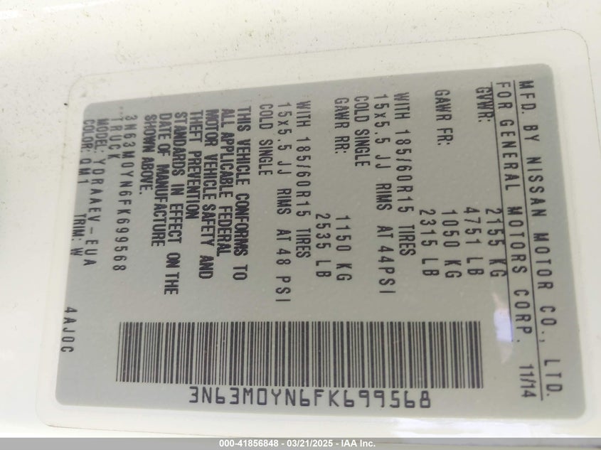 2015 CHEVROLET CITY EXPRESS 1LS - 3N63M0YN6FK699568