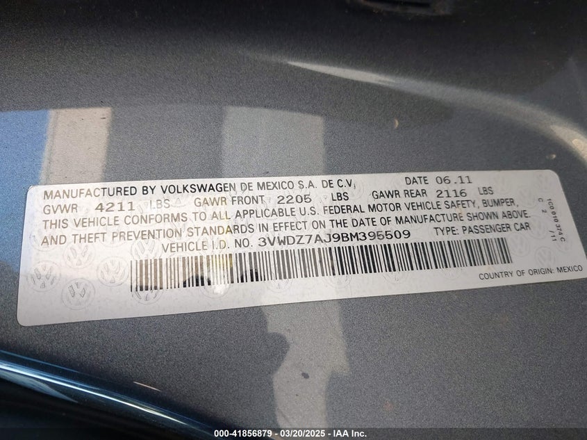 2011 Volkswagen Jetta 2.5L Se VIN: 3VWDZ7AJ9BH305509 Lot: 41856879