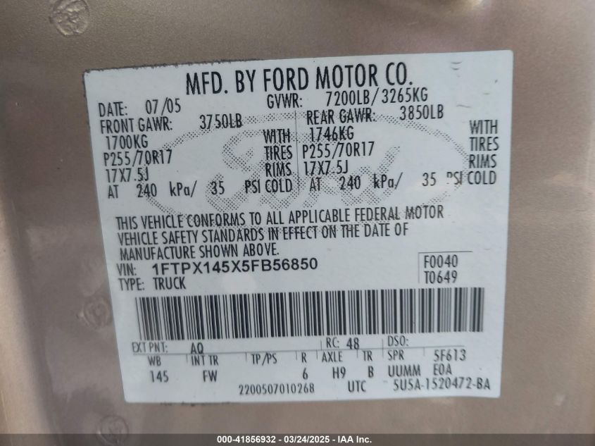 2005 Ford F-150 Fx4/Lariat/Xl/Xlt VIN: 1FTPX145X5FB56850 Lot: 41856932