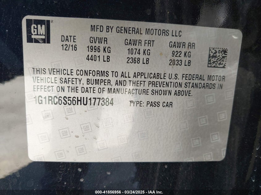 2017 CHEVROLET VOLT VIN: 1G1RC6S56HU177384