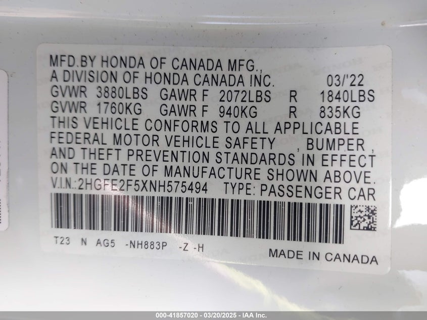 2022 HONDA CIVIC SPORT 2HGFE2F5XNH575494