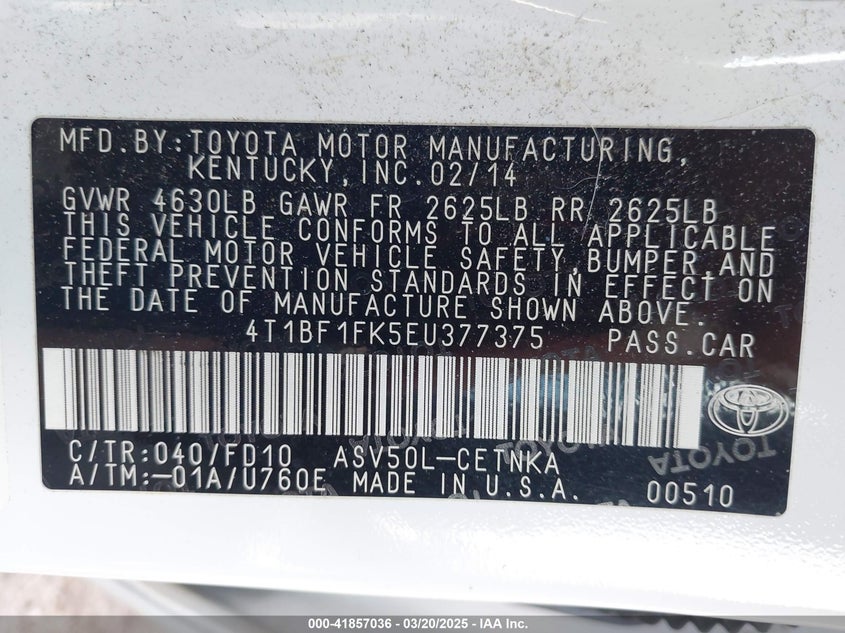 2014 TOYOTA CAMRY VIN: 4T1BF1FK5EU377375