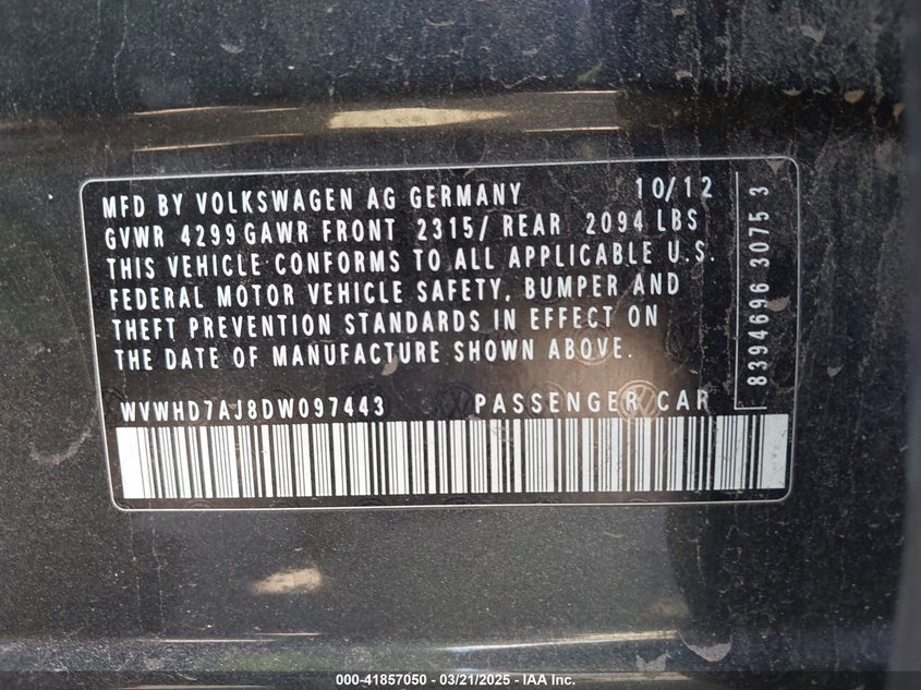 2013 VOLKSWAGEN GTI VIN: WVWHD7AJ8DW097443