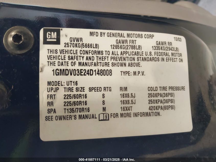 2004 Pontiac Montana T16 W/1Sx Pkg. VIN: 1GMDV03E24D148008 Lot: 41857111