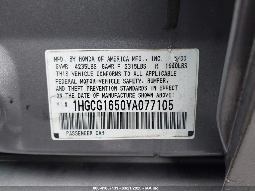 2000 Honda Accord 3.0 Ex VIN: 1HGCG1650YA077105 Lot: 41857131