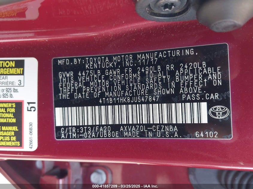 2018 TOYOTA CAMRY LE - 4T1B11HK8JU547847