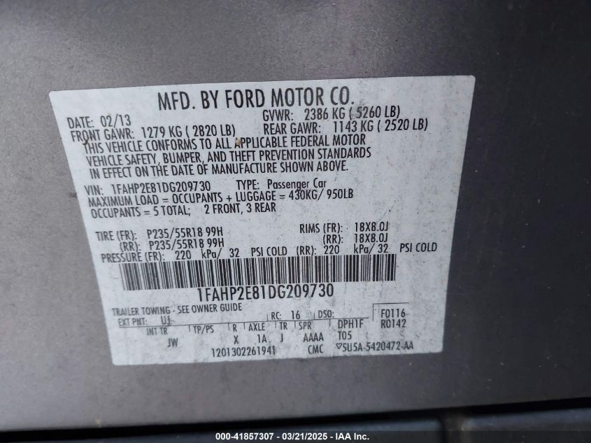 2013 Ford Taurus Sel VIN: 1FAHP2E81DG209730 Lot: 41857307