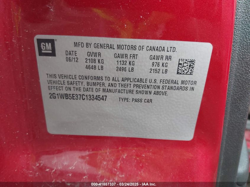 2012 Chevrolet Impala Lt VIN: 2G1WB5E37C1334547 Lot: 41857337