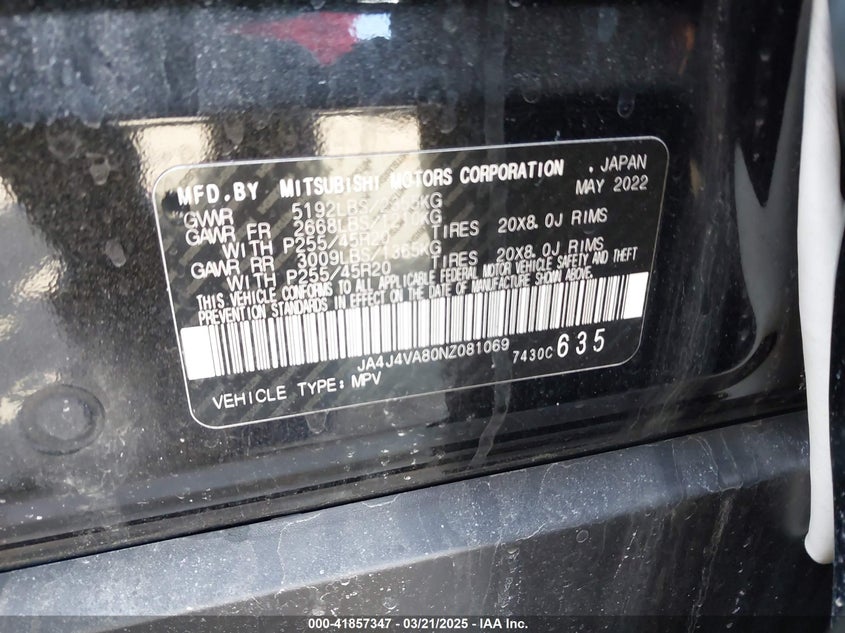 2022 MITSUBISHI OUTLANDER SEL 2.5 S-AWC/SEL LAUNCH EDITION S-AWC/SEL SPECIAL EDITION S-AWC - JA4J4VA80NZ081069