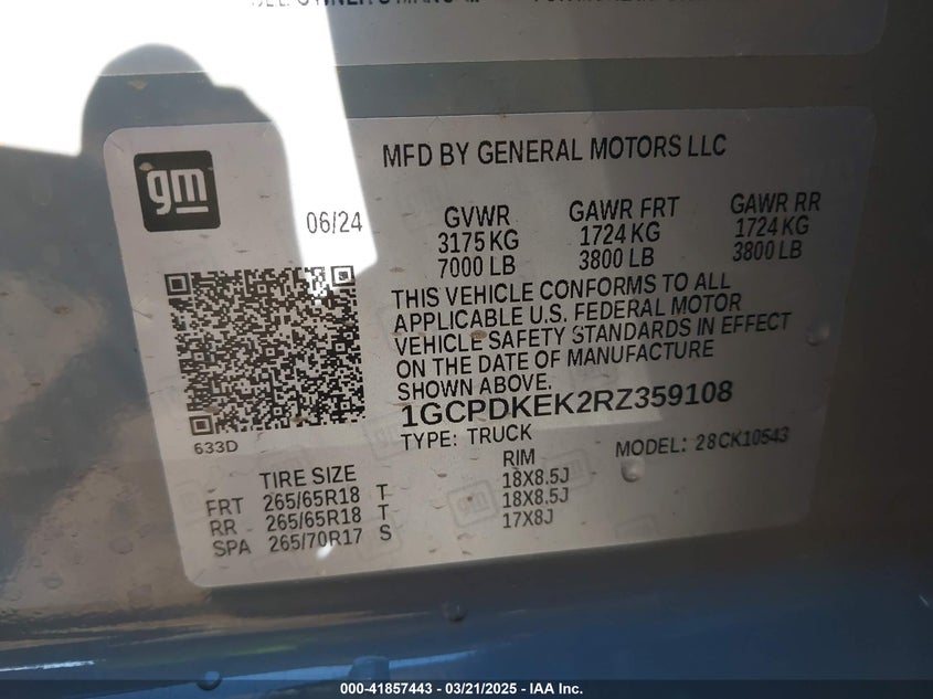 2024 CHEVROLET SILVERADO 1500 2.7L I-4 DI, DOHC, V(VIN: 1GCPDKEK2RZ359108