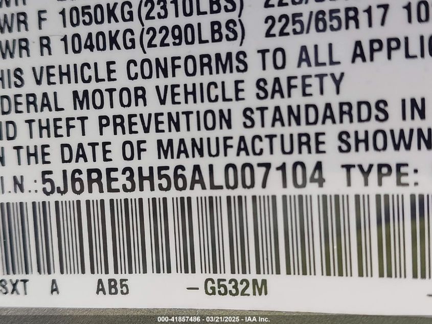 2010 Honda Cr-V Ex VIN: 5J6RE3H56AL007104 Lot: 41857486