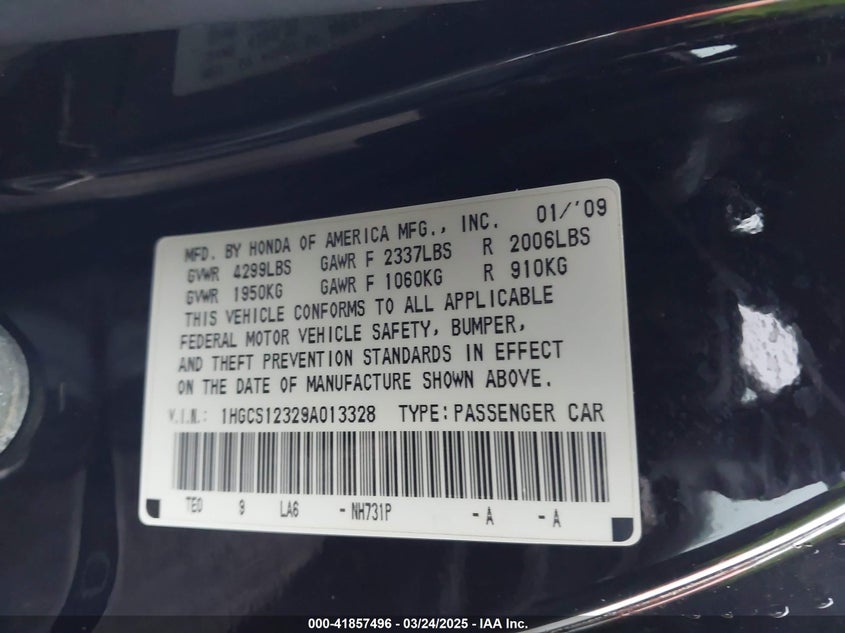 2009 HONDA ACCORD VIN: 1HGCS12329A013328