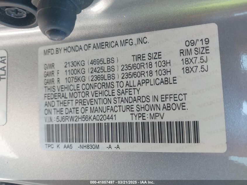 2019 Honda Cr-V Ex VIN: 5J6RW2H56KA020441 Lot: 41857497