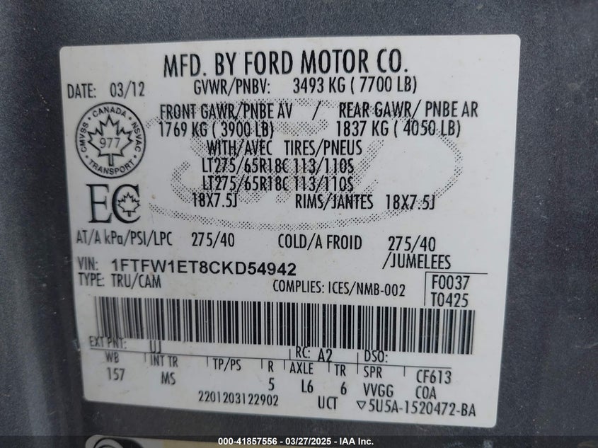 2012 FORD F-150 VIN: 1FTFW1ET8CKD54942