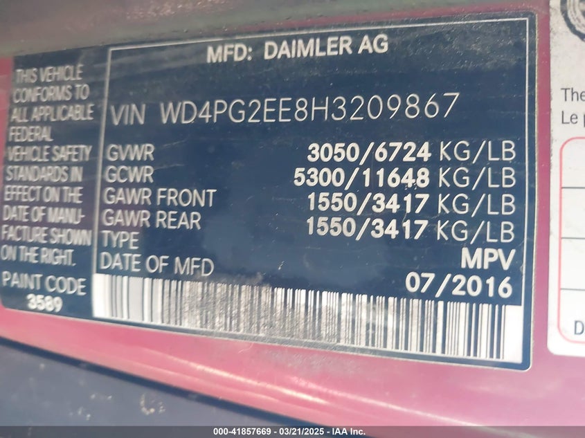 2017 MERCEDES-BENZ METRIS - WD4PG2EE8H3209867