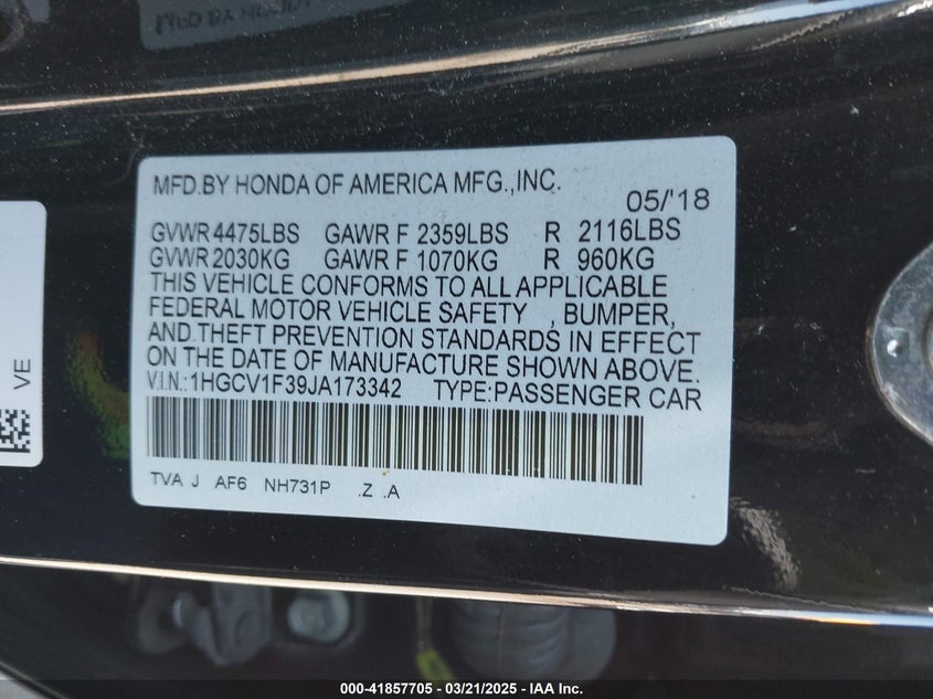 2018 HONDA ACCORD VIN: 1HGCV1F39JA173342